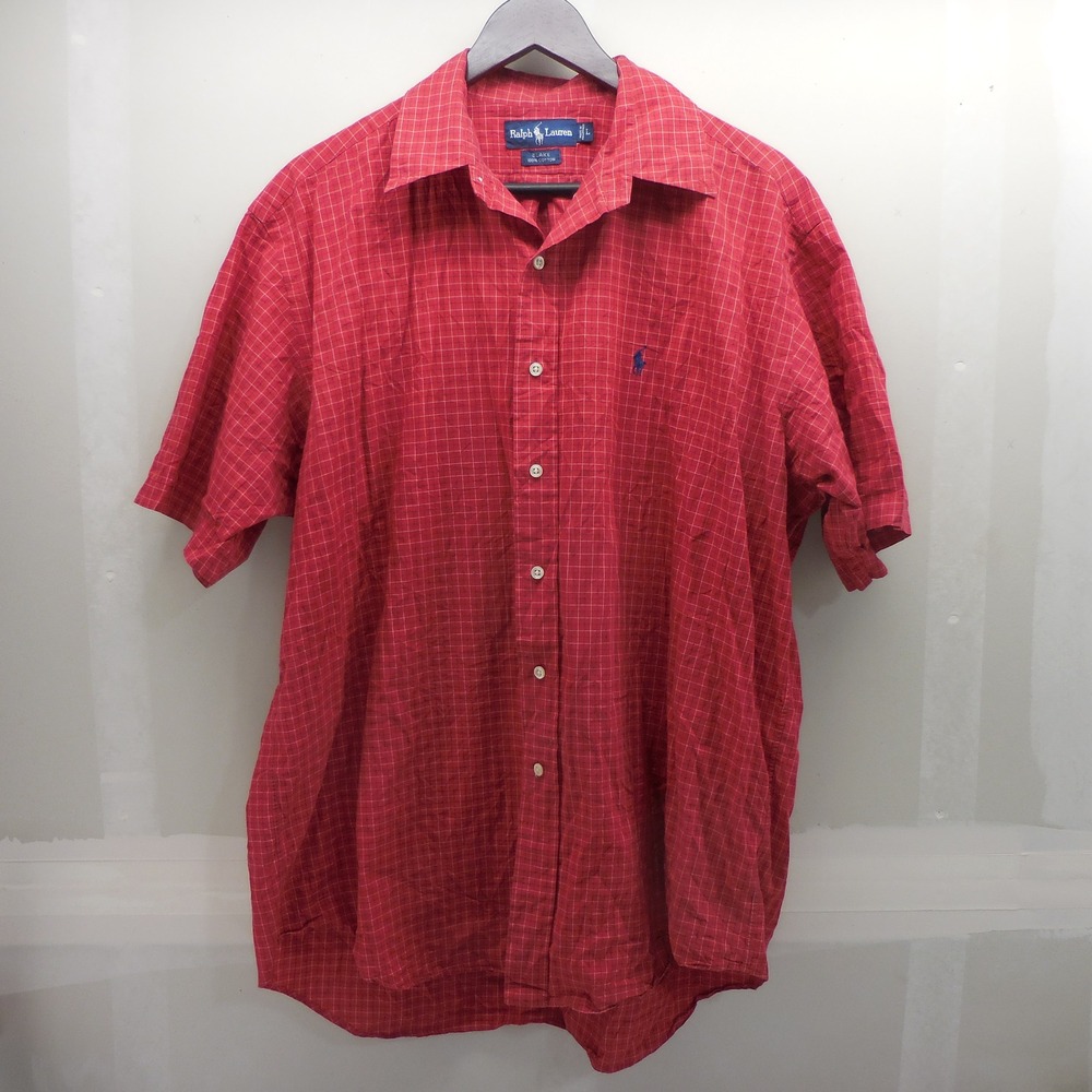 Ralph Lauren Blake Mens Large Red Grid Plaid Short Sleeve Cotton Button Down